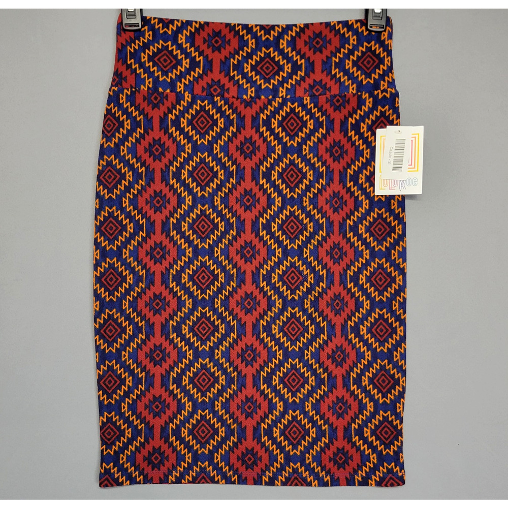 Lularoe Cassie Skirt Womens‎ Small Red Blue Yellow Aztec Print Stretch Pull On